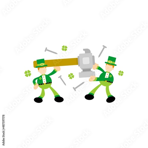 green leprechaun and hammer craft cartoon flat design illustration