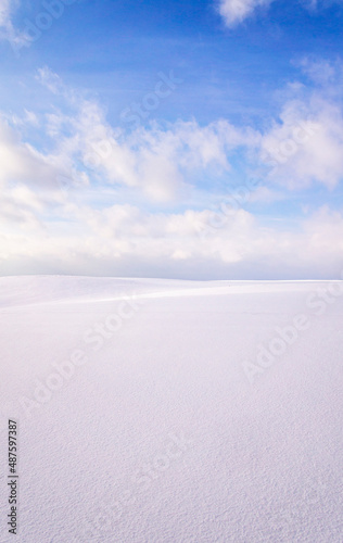 Beautiful empty winter landscape. White plains, fields and meadows on a frosty sunny day. Calm polar background for design and tourist advertising © Payllik