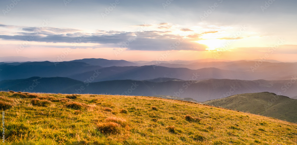 Beautiful evening with sun light. Beautiful summer landscape in the mountains.