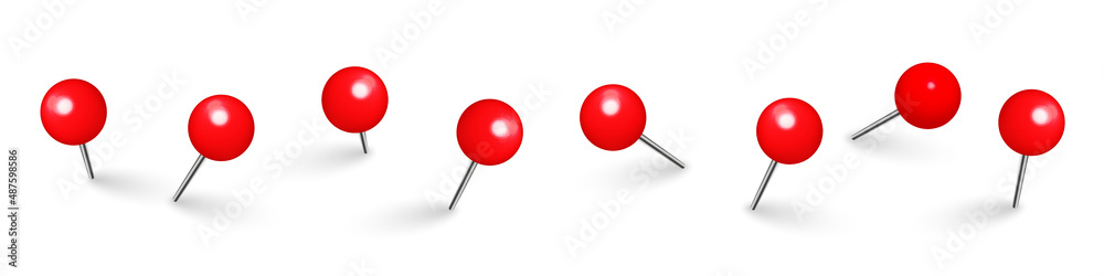 Realistic red push pins. Board tacks isolated on white background. Plastic pushpin with needle. Vector illustration. Realistic red push pins. Board tacks isolated on white background. Plastic pushpin with needle. Vector illustration.