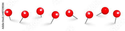 Realistic red push pins. Board tacks isolated on white background. Plastic pushpin with needle. Vector illustration.