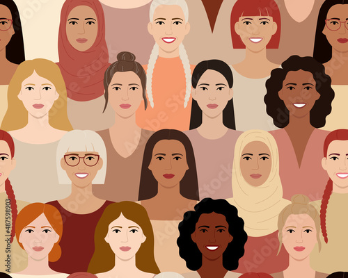 Seamless pattern of women with different hairstyles, skin colors, races, ages. Diverse faces of smiling women. Female empowerment. Girl power. Flat vector illustration in pastel terracotta colors.