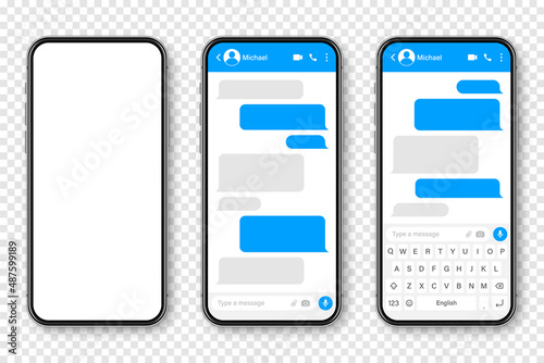 Realistic smartphone with messaging app. Blank SMS text frame. Conversation chat screen with blue message bubbles. Social media application. Vector illustration.