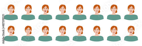 Set of white red-haired woman emotions. Variations of female facial expressions. Smile, happy, cheerful, surprised, sad, dissatisfied, angry, terrified emotions. Flat vector character.