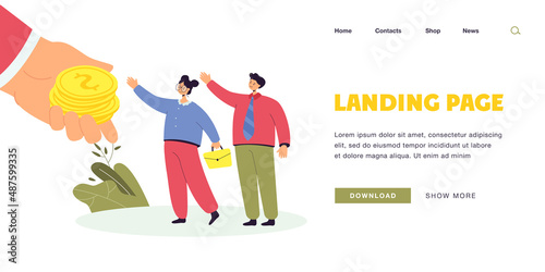 Giant hand giving out salary to tiny workers. Flat vector illustration. Cartoon man and woman getting money incentive, bonus or corporate offer. Business, growth, investment, satisfaction concept