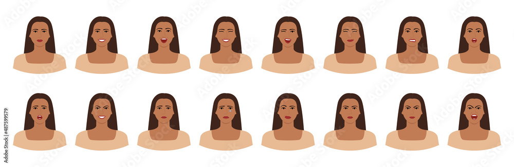 Set of Latino brown-haired woman emotions. Variations of female facial expressions. Smile, happy, cheerful, surprised, sad, dissatisfied, angry, terrified emotions. Flat vector character. Set of Latino brown-haired woman emotions. Variations of female facial expressions. Smile, happy, cheerful, surprised, sad, dissatisfied, angry, terrified emotions. Flat vector character.
