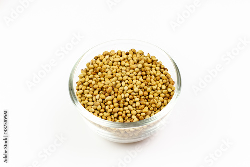 Coriander seeds on transparent glass bowl isolated on white background. Coriander seeds are a food ingredient and medicinal herbs.