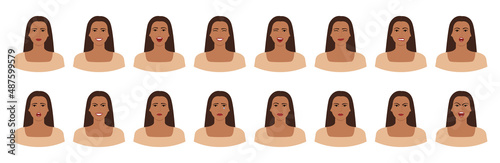 Set of Latino brown-haired woman emotions. Variations of female facial expressions. Smile, happy, cheerful, surprised, sad, dissatisfied, angry, terrified emotions. Flat vector character.
