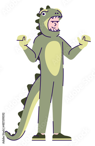 Artist wearing dinosaur costume semi flat RGB color vector illustration. Posing figure. Entertainment industry career. Professional character performer isolated cartoon character on white background