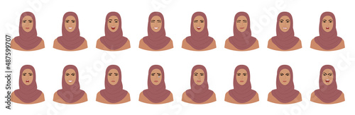 Set of emotions of woman in hijab. Variations of female facial expressions. Smile, happy, cheerful, surprised, sad, angry, terrified emotions. Flat vector character isolated on white.