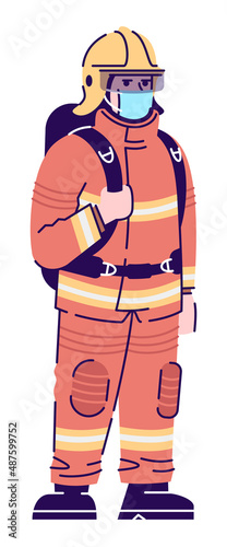 First responder during covid semi flat RGB color vector illustration. Posing figure. Preventative measures. Equipped fireman wearing face mask isolated cartoon character on white background