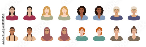 Set of women with different hairstyles, skin colors, races, ages. Diverse portraits of smiling, cheerful women isolated on white. Variations of female facial expressions. Flat vector illustration.