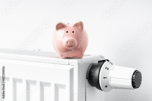 Sparschwein steht auf Heizkörper mit Thermostat #487599956