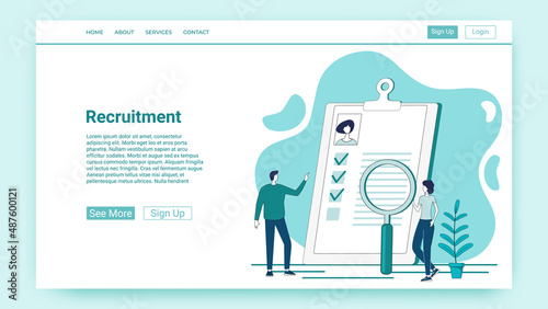 Recruitment of personnel.Specialists study the resumes of new employees.The concept of finding new staff for work.An illustration in the style of a green landing page.