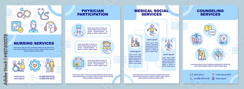 Hospice care includes blue brochure template. Patient support. Leaflet design with linear icons. 4 vector layouts for presentation, annual reports. Arial-Black, Myriad Pro-Regular fonts used