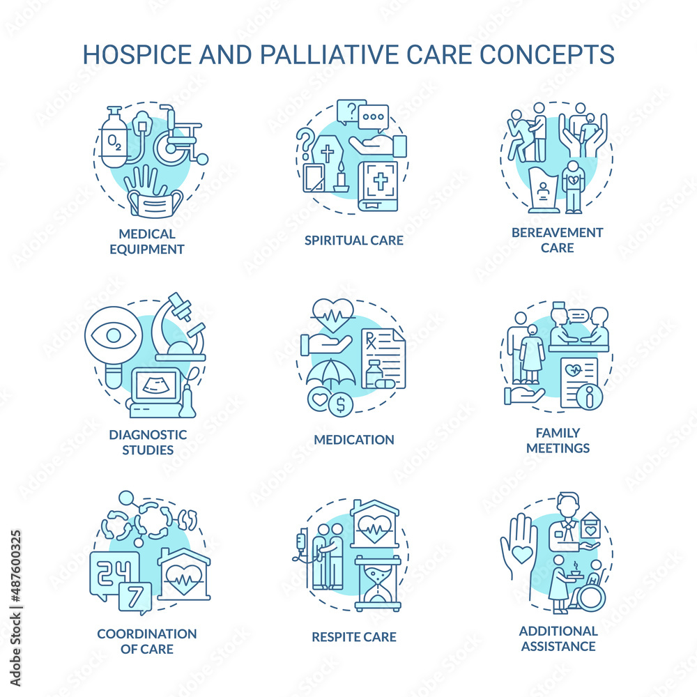 Hospice and palliative care turquoise concept icons set. Patient service. Medicine and healthcare idea thin line color illustrations. Isolated symbols. Roboto-Medium, Myriad Pro-Bold fonts used