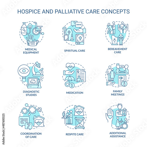 Photographie Hospice and palliative care turquoise concept icons set