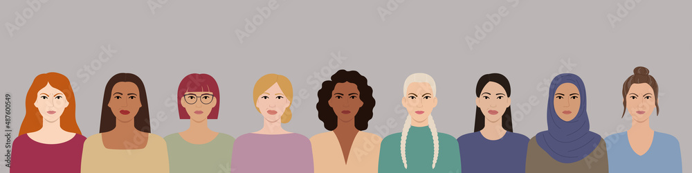 Women with different hairstyles, skin colors, races, ages stand together. Diverse portraits of dissatisfied, irate, angry women. Girl power. Female empowerment. Flat vector illustration. Women with different hairstyles, skin colors, races, ages stand together. Diverse portraits of dissatisfied, irate, angry women. Girl power. Female empowerment. Flat vector illustration.