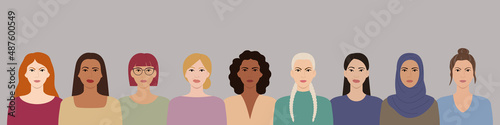 Women with different hairstyles, skin colors, races, ages stand together. Diverse portraits of dissatisfied, irate, angry women. Girl power. Female empowerment. Flat vector illustration.