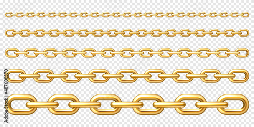 Realistic gold plated metal chain with golden links on checkered background. Vector illustration.