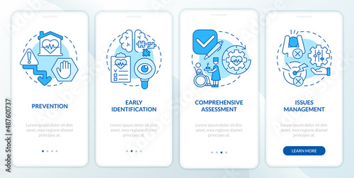 Palliative care stages blue onboarding mobile app screen. Healthcare walkthrough 4 steps graphic instructions pages with linear concepts. UI, UX, GUI template. Myriad Pro-Bold, Regular fonts used