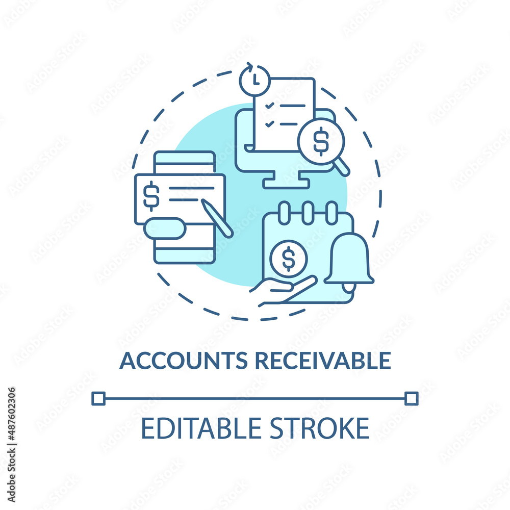 Accounts receivable turquoise concept icon. Examples of automation in business abstract idea thin line illustration. Isolated outline drawing. Editable stroke. Arial, Myriad Pro-Bold fonts used Accounts receivable turquoise concept icon. Examples of automation in business abstract idea thin line illustration. Isolated outline drawing. Editable stroke. Arial, Myriad Pro-Bold fonts used