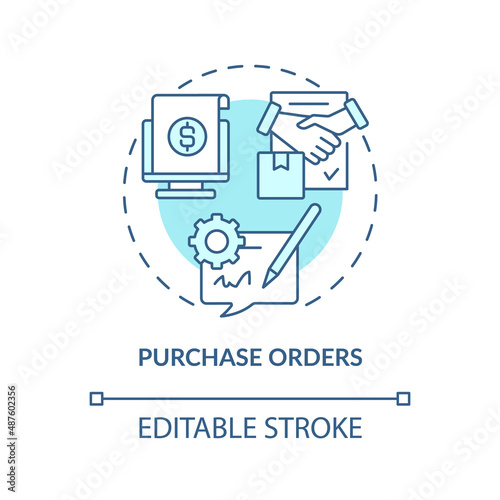 Purchase orders turquoise concept icon. Request, approval. Automation in business abstract idea thin line illustration. Isolated outline drawing. Editable stroke. Arial, Myriad Pro-Bold fonts used