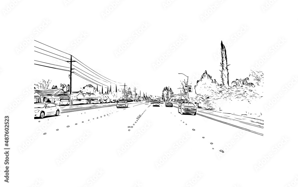 Obraz premium Building view with landmark of Merced is the city in California. Hand drawn sketch illustration in vector.