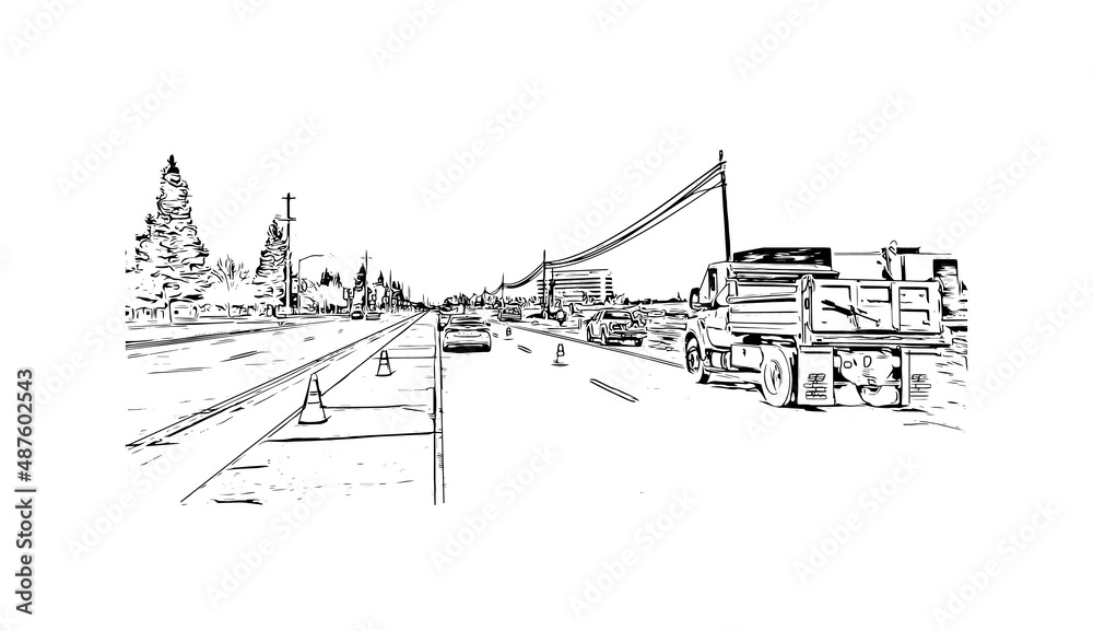 Building view with landmark of Merced is the 
city in California. Hand drawn sketch illustration in vector.
