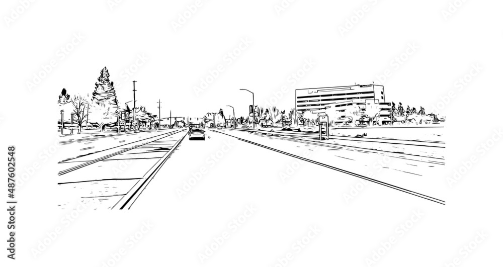 Building view with landmark of Merced is the 
city in California. Hand drawn sketch illustration in vector.