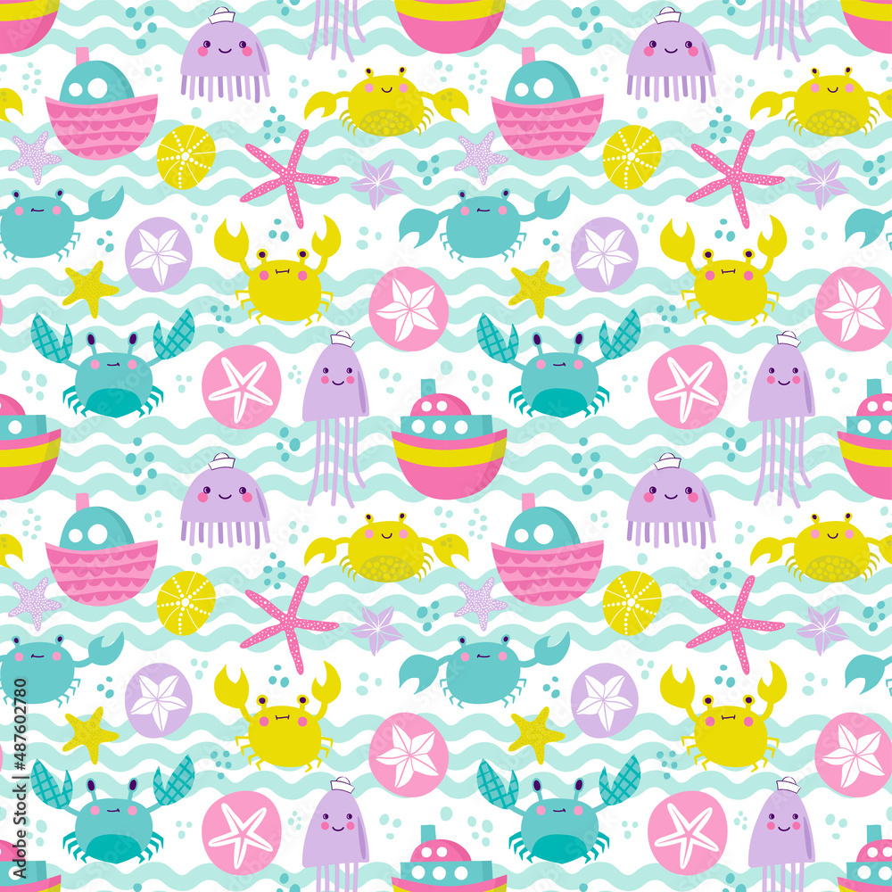 Seamless vector pattern with sea boats,crabs and jellyfish. Childish background.