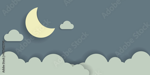 Night scene of sky background with moon and cloud. papercut effect background.