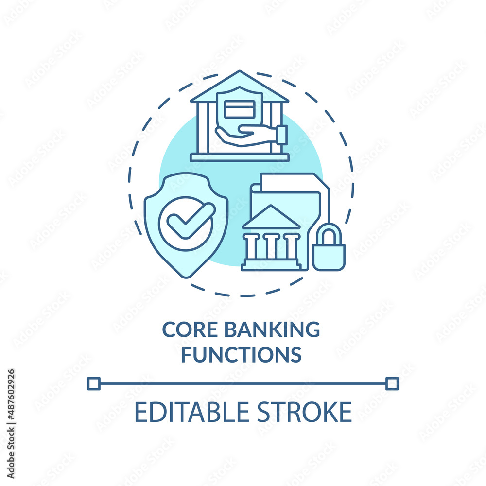 Fototapeta premium Core banking functions turquoise concept icon. Transactions. Automated banking abstract idea thin line illustration. Isolated outline drawing. Editable stroke. Arial, Myriad Pro-Bold fonts used