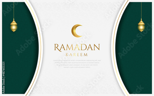 White luxury ramadan background with decorative ornament pattern and lanterns Premium Vector	