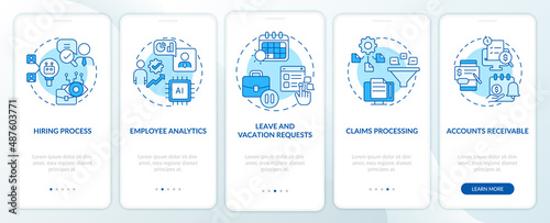 Examples of automation in business blue onboarding mobile app screen. Walkthrough 5 steps graphic instructions pages with linear concepts. UI, UX, GUI template. Myriad Pro-Bold, Regular fonts used