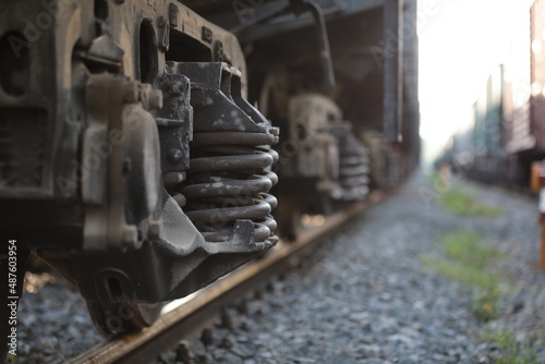 Close-up of a train's wheels