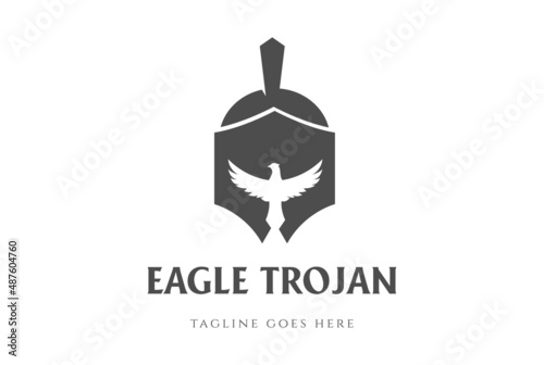 Clever Eagle Hawk Falcon Bird with Roman Greek Trojan Spartan Helmet Logo Design Vector