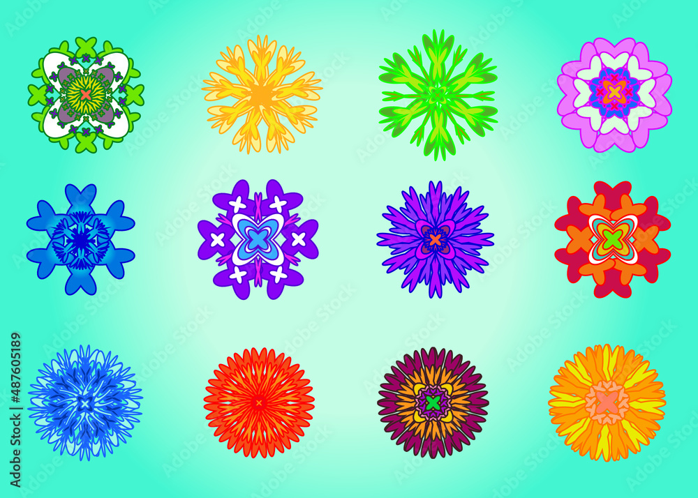 Flowers isolated on light blue background. Set of colorful flowers icons. Flowers in a flat style Flowers isolated on light blue background. Set of colorful flowers icons. Flowers in a flat style