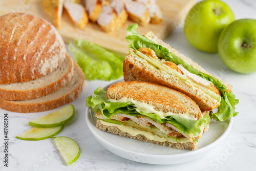 Grilled organic chicken sandwich with green apple, lettuce and cheese sauce on whole grain bread. Delicious and healthy breakfast in a white plate on a marble background. Selective focus