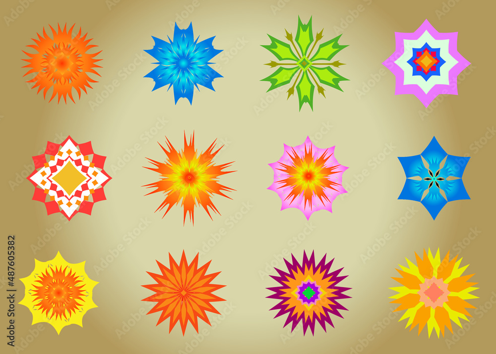 Set of flowers icons isolated on light brown background. Colorful illustration. Flat design. Colored flowers Set of flowers icons isolated on light brown background. Colorful illustration. Flat design. Colored flowers