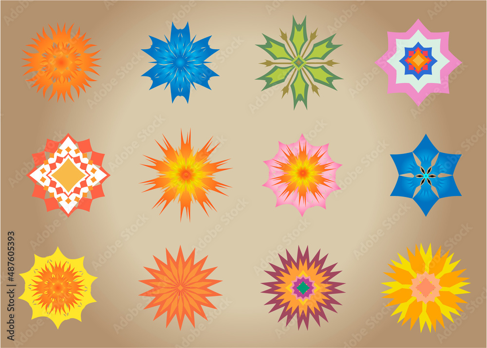 Set of flowers icons isolated on light brown background. Colorful illustration. Flat design. Colored flowers Set of flowers icons isolated on light brown background. Colorful illustration. Flat design. Colored flowers