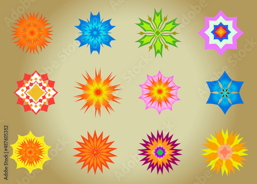 Set of flowers icons isolated on light brown background. Colorful illustration. Flat design. Colored flowers