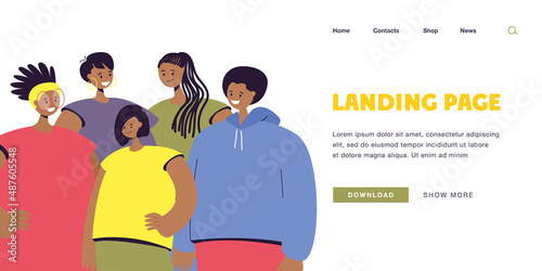 Group of young smiling African American people vector illustration. Men and women with different haircuts wearing casual clothes. Friendship, tolerance concept for banner, landing page, website