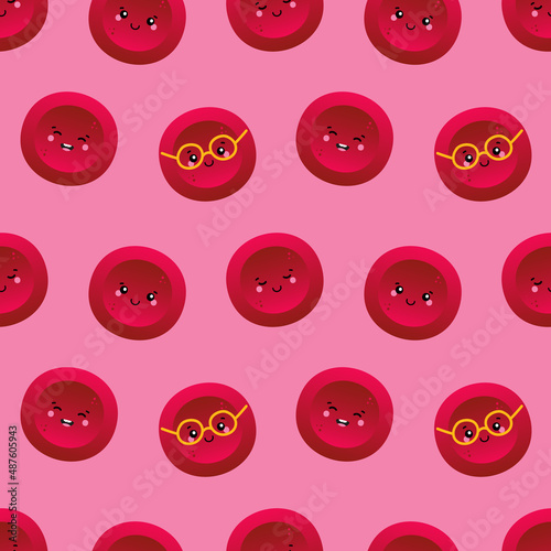 Cute red blood cells, erythrocytes characters vector seamless pattern background for blood donation, medical and healthcare design.