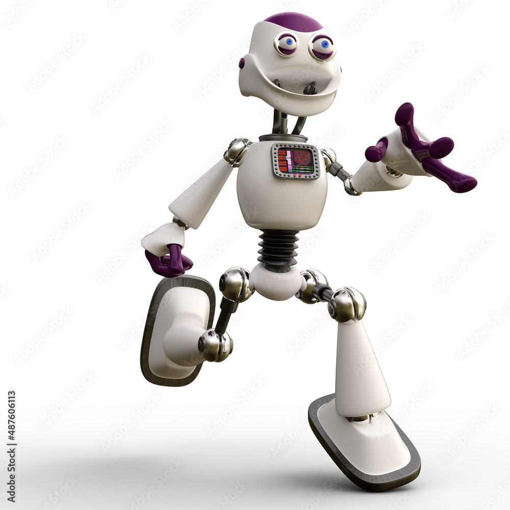 3D-illustration of a cute and funny cartoon robot in hurry. isolated rendering object 3D-illustration of a cute and funny cartoon robot in hurry. isolated rendering object