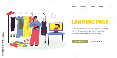 Cartoon woman receiving stylists advice on clothing. Flat vector illustration. Girl talking with personal fashion assistant online, standing in front of computer. Fashion, wardrobe, Internet concept