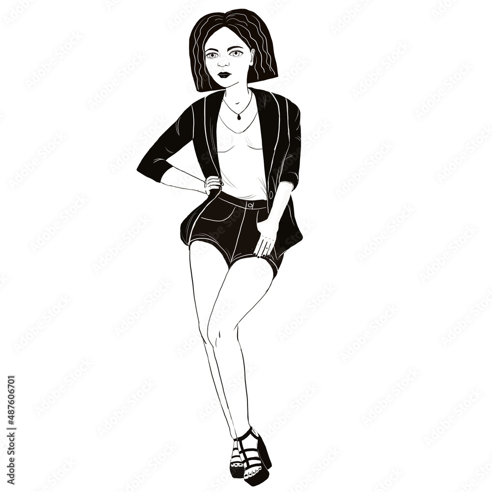 black and white drawing of a full-length girl