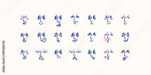 The image of a person's face in a linear cartoon style. A set of icons that depict various human emotions.