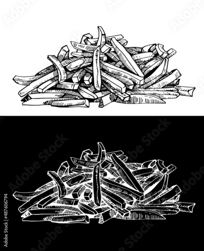Graphical set of french fries isolated on white and black background,vector illustration, fast food 