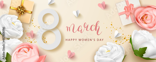 March 8th. Horizontal Women's Day banner for a website. Postcard for March 8. Romantic background with realistic design elements, gift boxes, hearts and flowers